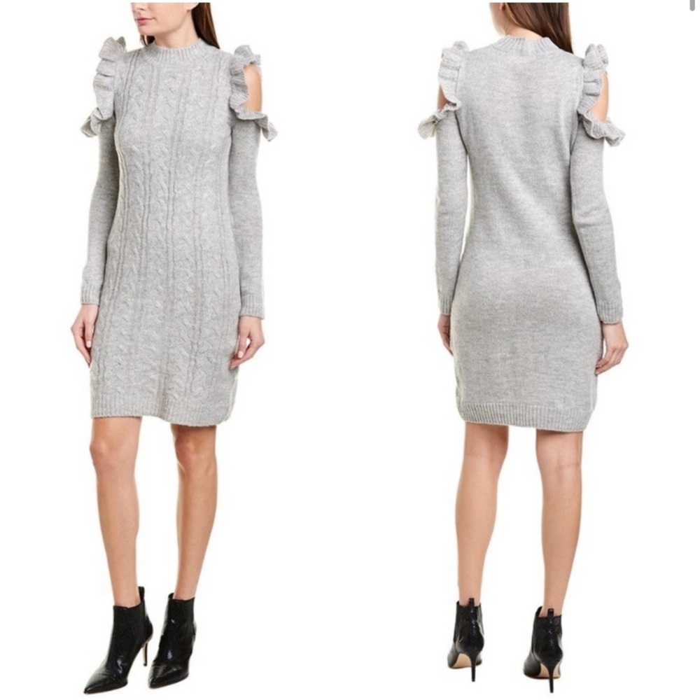 NWOT Wayf Cold Shoulder Cable Knit Sweater Dress in Oatmeal/Grey